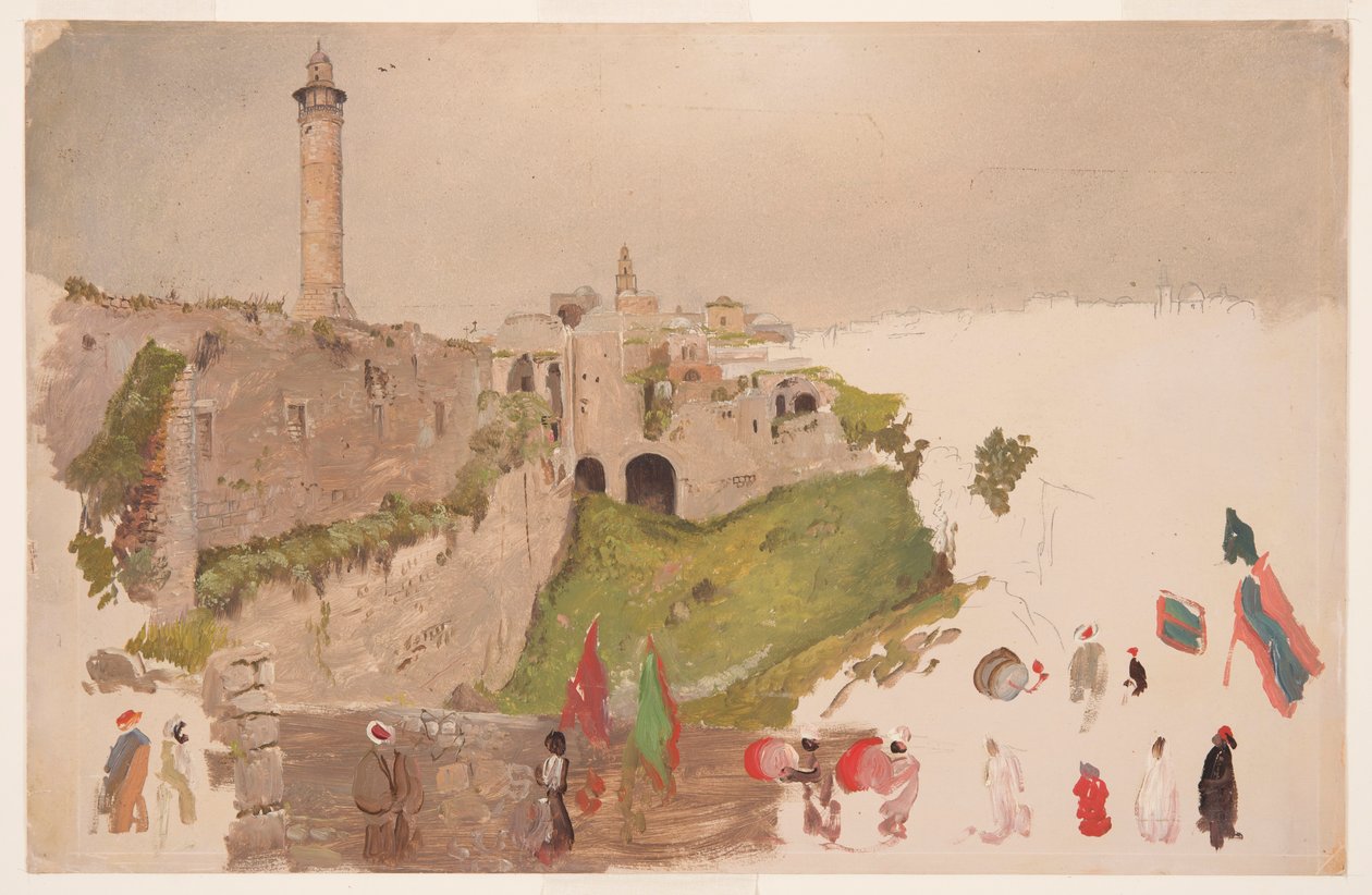 Teckning, parad på väg in i staden, Jaffa, början av mars 1868 av Frederic Edwin Church