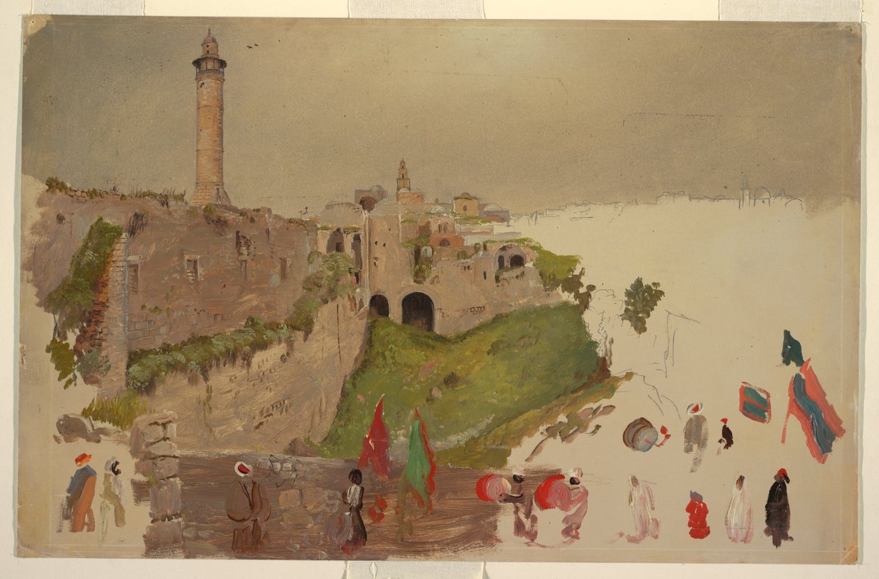 Teckning, parad på väg in i staden, Jaffa, början av mars 1868 av Frederic Edwin Church