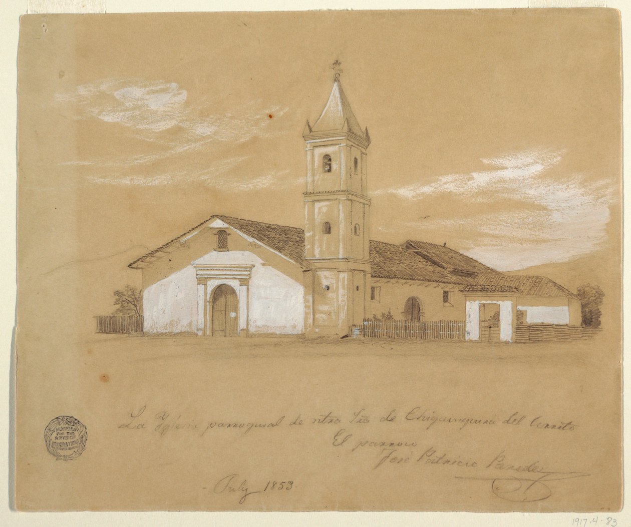 Ritning, församlingskyrkan Our Lady of Chiquinquira del Cerrito,Chiquinquira, Colombia, juli 1853 av Frederic Edwin Church
