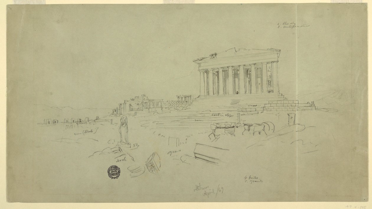 Ritning, Parthenon och Erectheion, Aten, april 1869 av Frederic Edwin Church