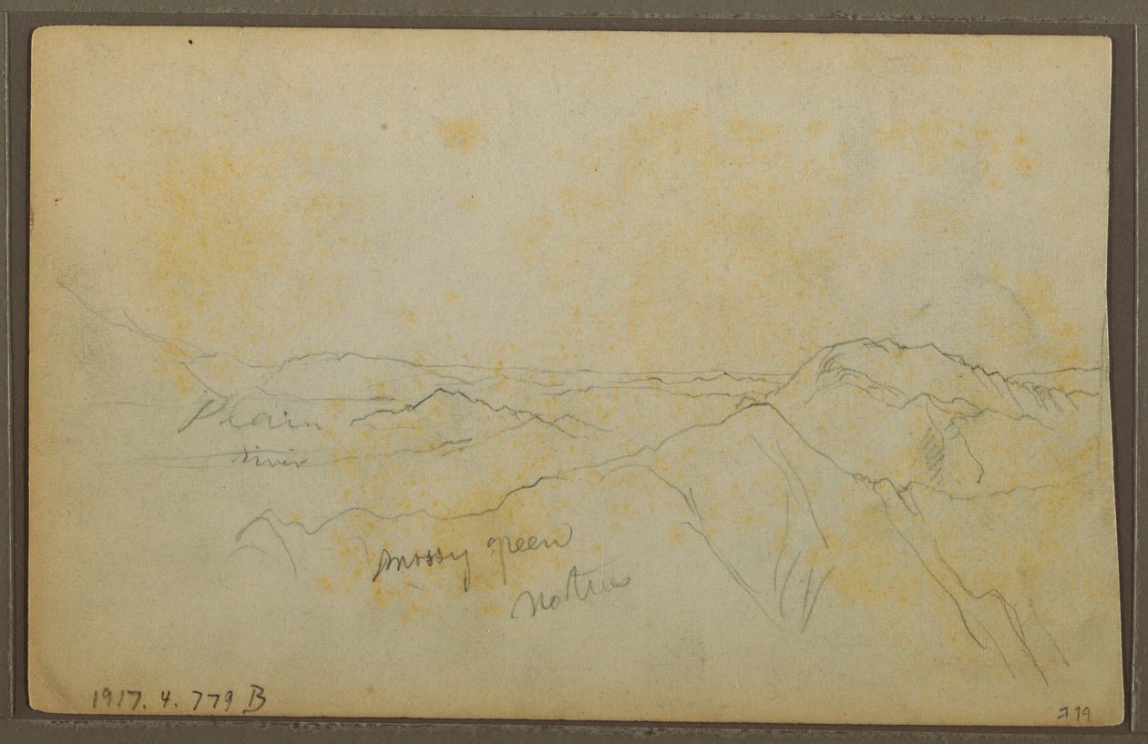 Teckning, Popayan, Colombia; Averso: Bergslandskap, Colombia, 9 augusti 1853 av Frederic Edwin Church