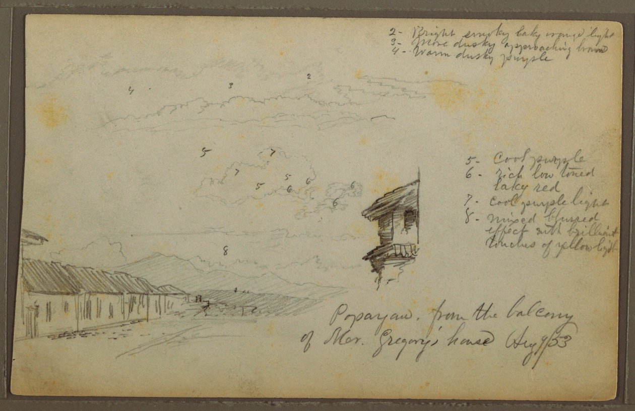 Teckning, Popayan, Colombia; Averso: Bergslandskap, Colombia, 9 augusti 1853 av Frederic Edwin Church
