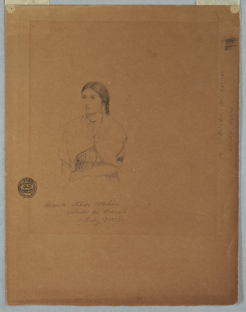 Teckning, Porträtt av boliviansk flicka: Senorita Filetta Molina Bolador del Carmen, Colombia, 13 juli 1853 av Frederic Edwin Church