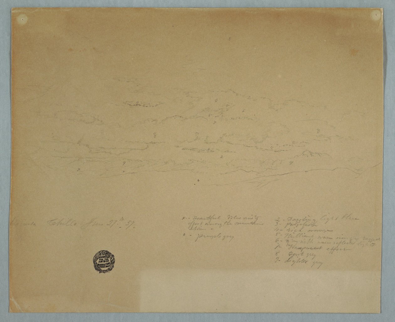 Teckning, Regn som faller från en molnig himmel över bergsryggar, Hacienda Chillo, Ecuador, 27 juli 1857 av Frederic Edwin Church