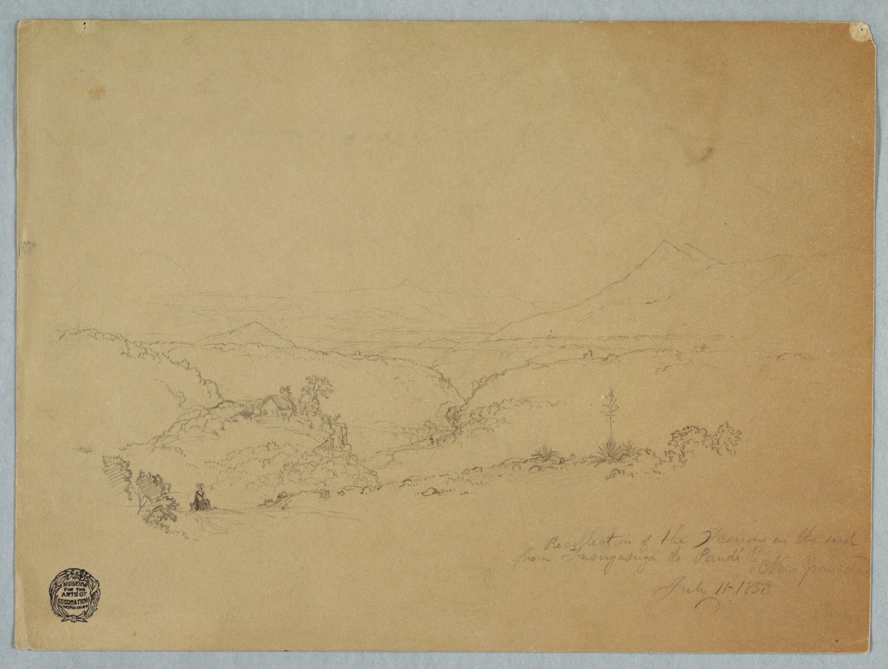 Teckning, Minnesbild av landskapet på vägen från Fusugasuga till Pandi, New Granda, Colombia, 11 juli 1853 av Frederic Edwin Church