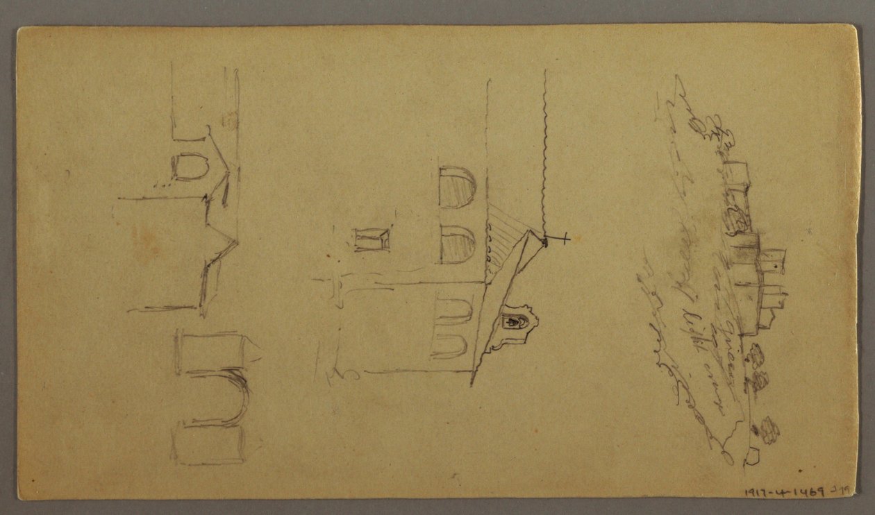 Teckning, Recto: Blank; Verso: Fortree on Hilltop, Two c, Gateway, möjligen 1868-69 av Frederic Edwin Church