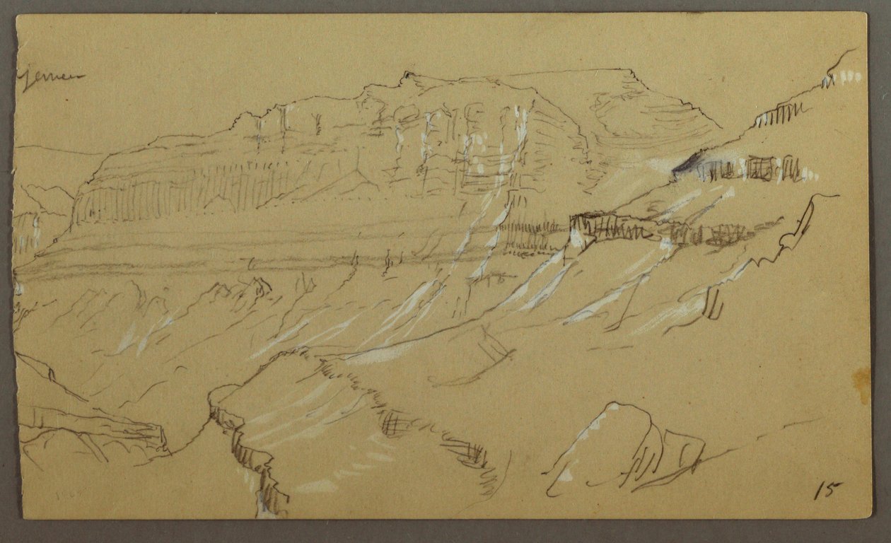 Teckning, högra delen av en skiss av El Yemen-dalen, Arabien: Vy på avstånd, 20 februari 1868 av Frederic Edwin Church