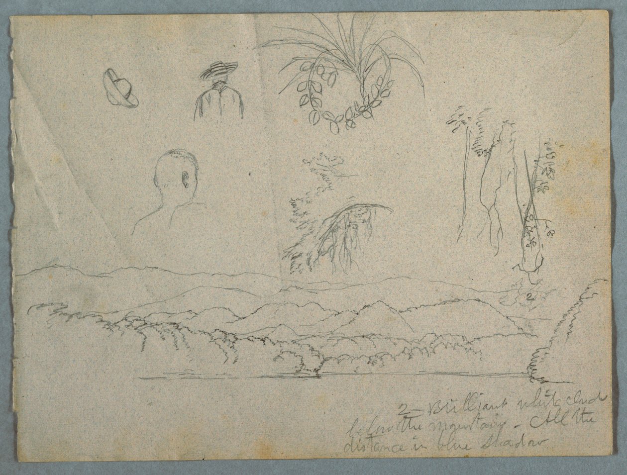 Teckning, flodbank med berg och moln, tre botaniska skisser och byststudier av män med hattar, 1853 av Frederic Edwin Church
