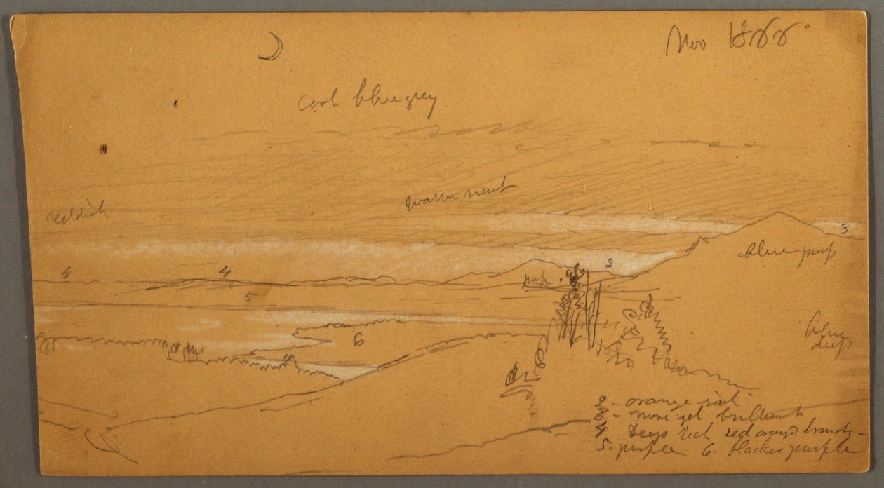 Teckning, Flod genom bergsdal med himmel och halvmåne, november 1866 av Frederic Edwin Church
