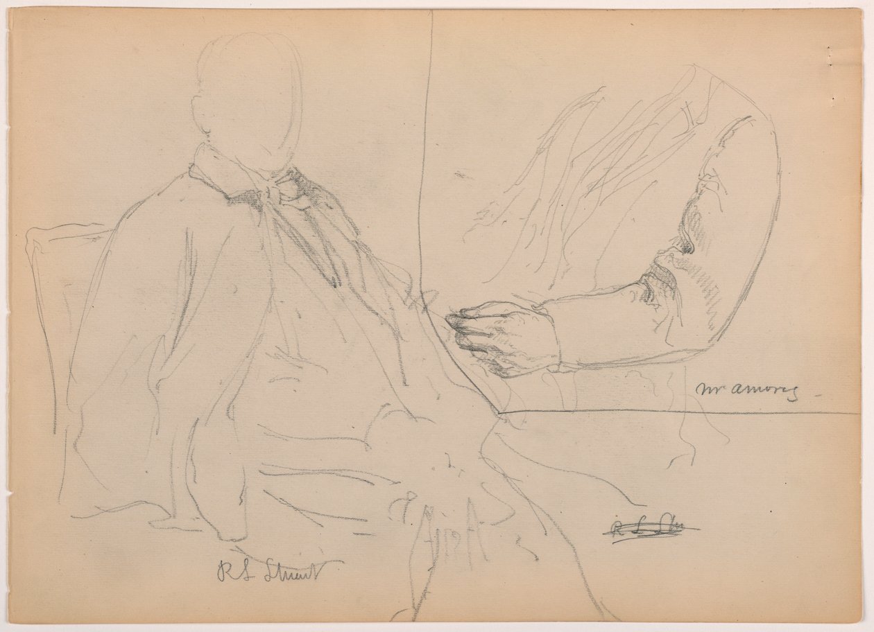 Teckning, Robert L. Stuart sittande, första porträttet, för Presbytarian Hospital; Mr W. ARmory, bröst- och armstudie, 1881 av Frederic Edwin Church