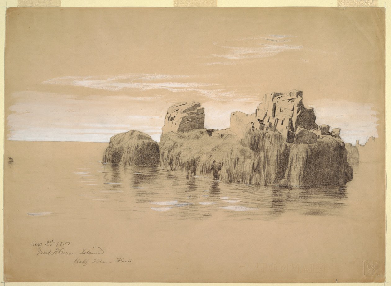 Teckning, Klippor vid kusten, Grand Manan Island, Kanada, 2 september 1851 av Frederic Edwin Church
