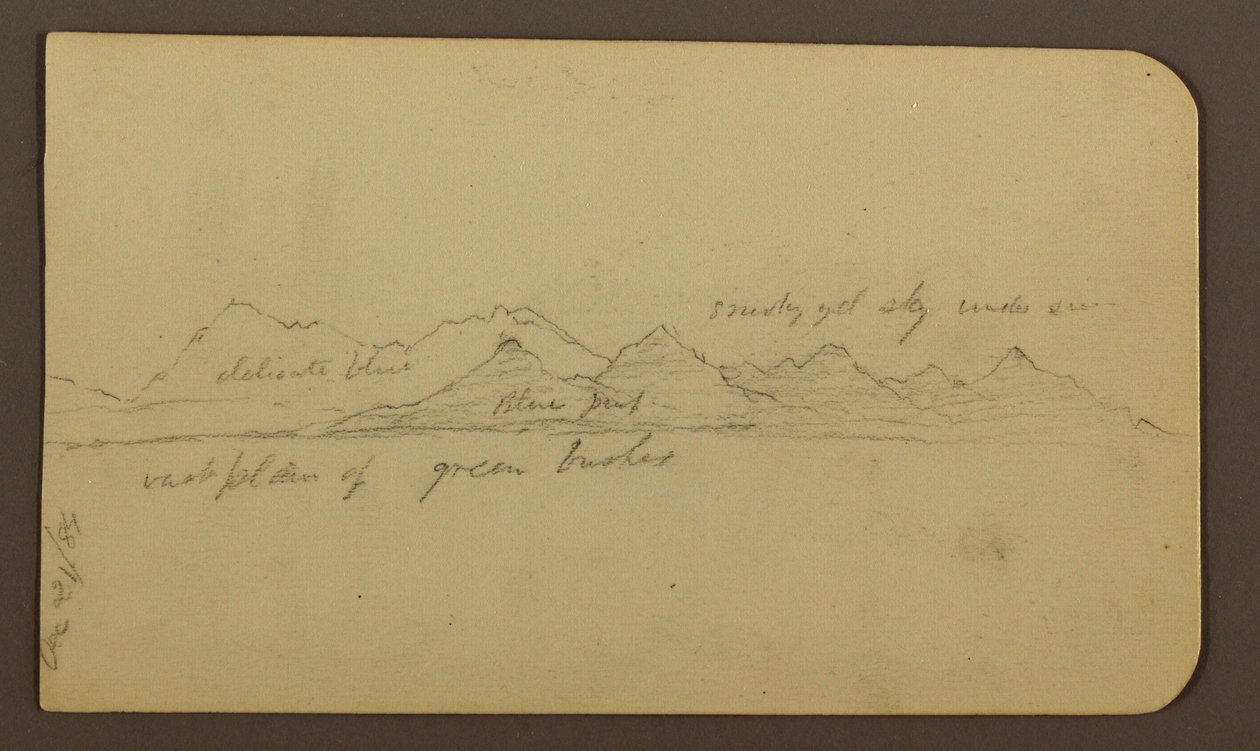 Teckning, kargt berg över slätt; a tergo: Figurer, landskap, 12 december 1884 av Frederic Edwin Church