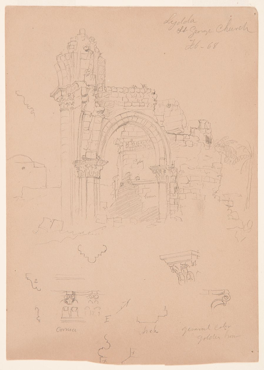 Ritning, Ruinerna av St. George-kyrkan, Lydda [nuvarande Lod], 7 februari 1868 av Frederic Edwin Church