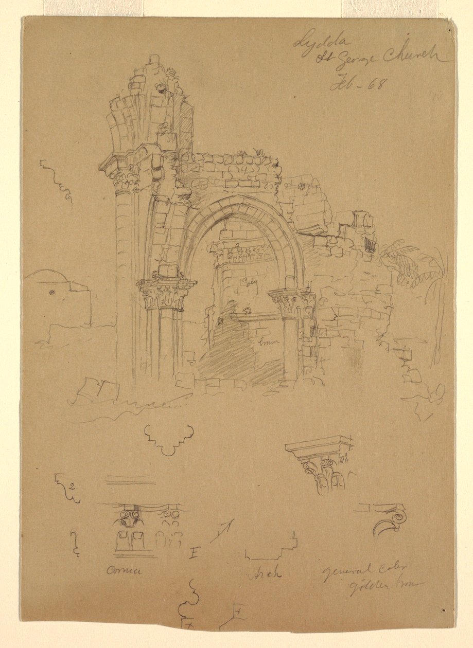 Ritning, Ruinerna av S:t George-kyrkan, Lydda [nuvarande Lod], 7 februari 1868 av Frederic Edwin Church