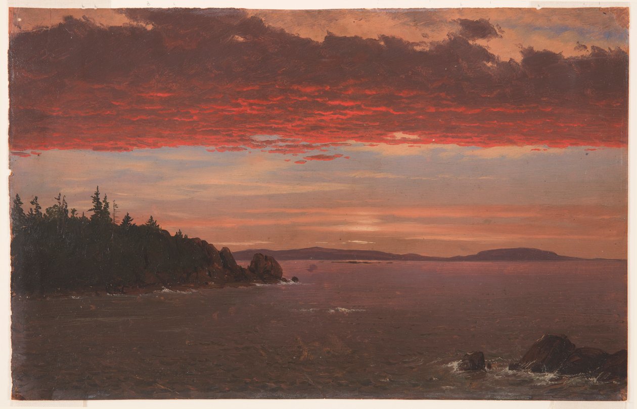 Teckning, Schoodic Peninsula från Mount Desert vid soluppgången, 1850-55 av Frederic Edwin Church