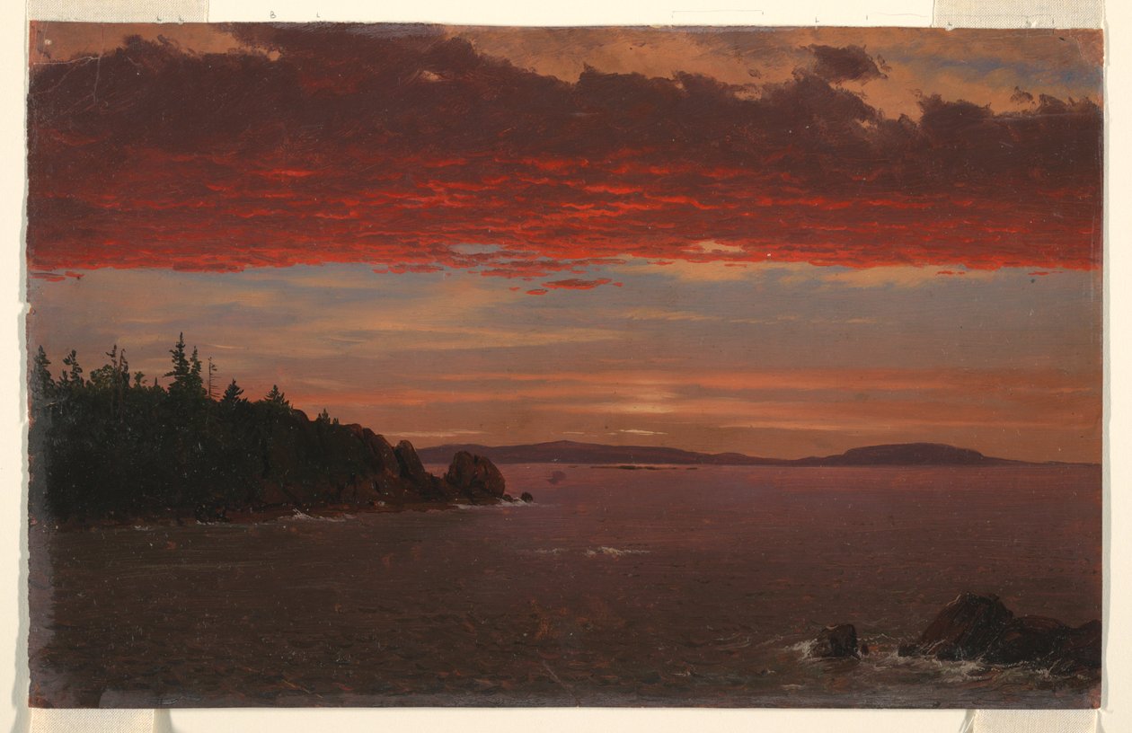 Teckning, Schoodic Peninsula från Mount Desert vid soluppgången, 1850-55 av Frederic Edwin Church