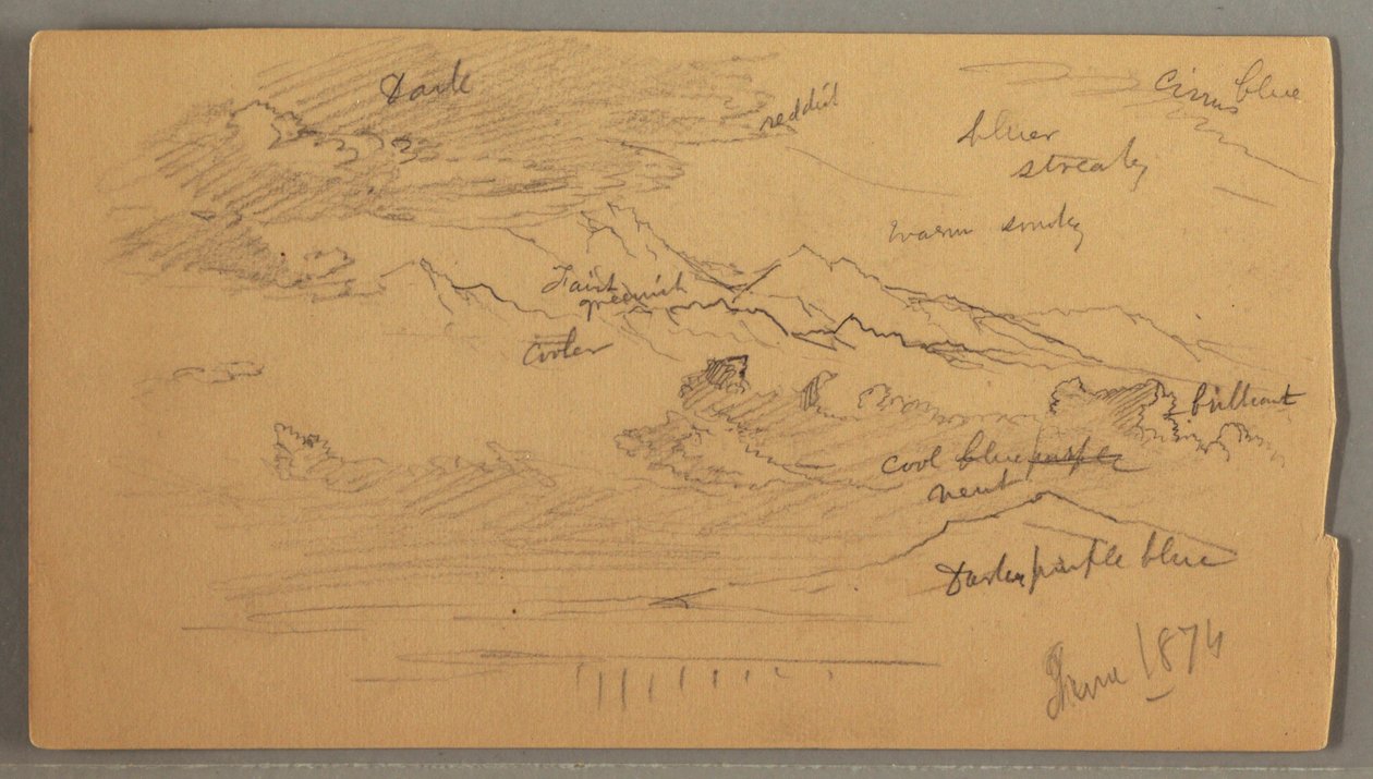 Teckning, Skarpa bergstoppar, molnig himmel, juni 1874 av Frederic Edwin Church