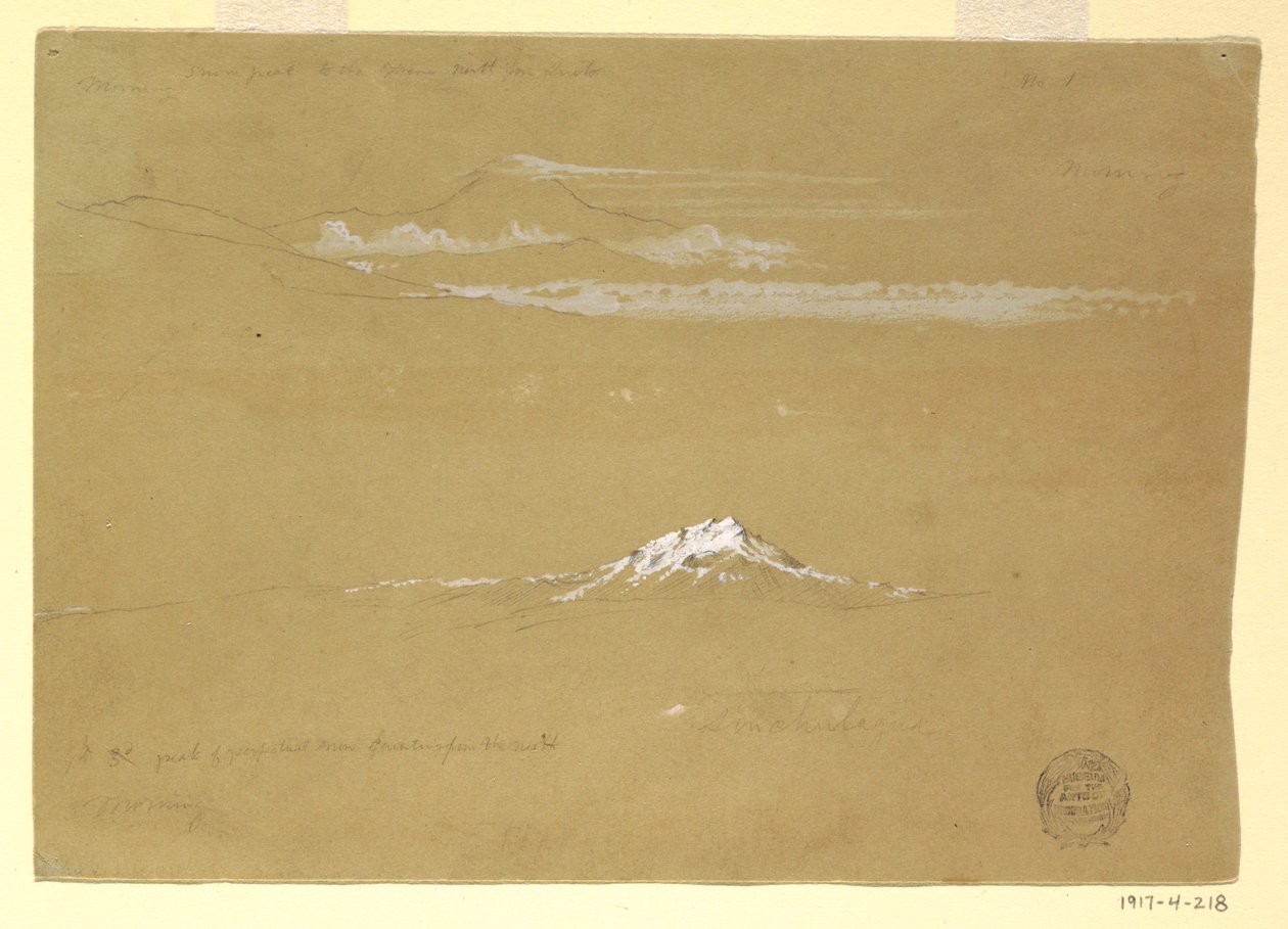 Teckning, Sincholagua, morgon, från soltemplet, Quito, 24 juni 1857 av Frederic Edwin Church