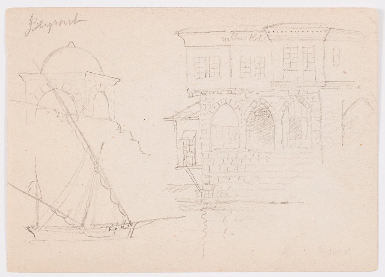Teckning, Skisser av en kupolbyggnad, ett skepp och ett ståtligt hus, januari 1868 av Frederic Edwin Church