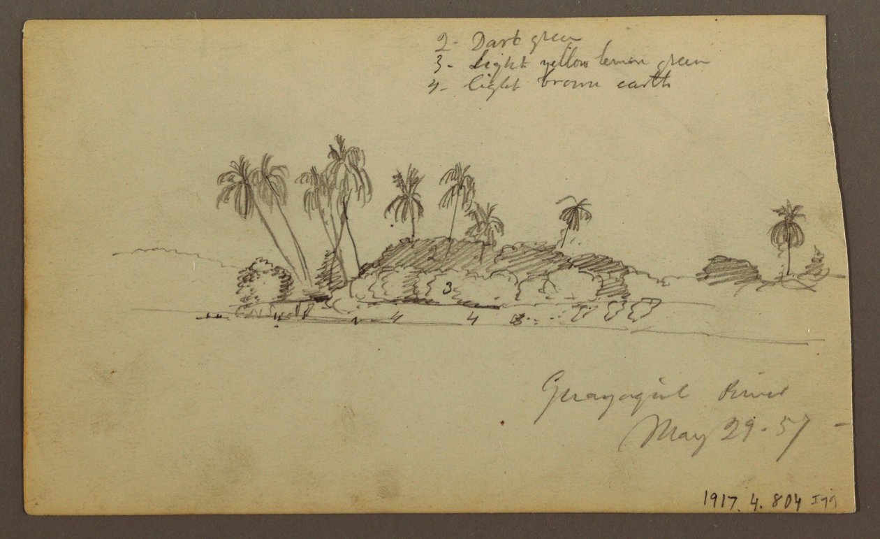 Teckning, Himmel över havet; Verso: Bank of the Guayas nära Guayaquil, Ecuador, 29 maj 1857 av Frederic Edwin Church