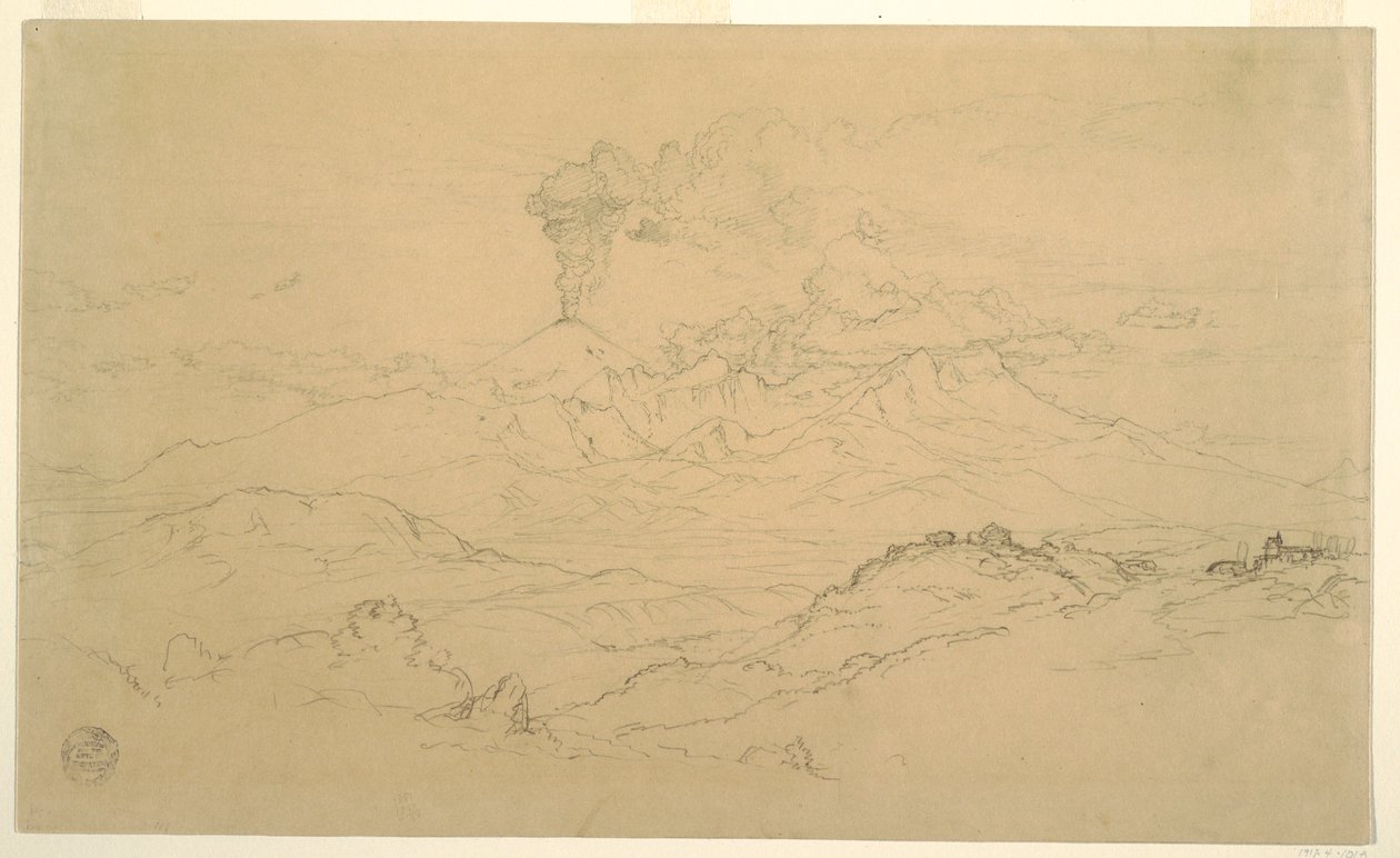 Teckning, Rök stiger upp från vulkanen Cotopaxi, Ecuador, 1857 av Frederic Edwin Church