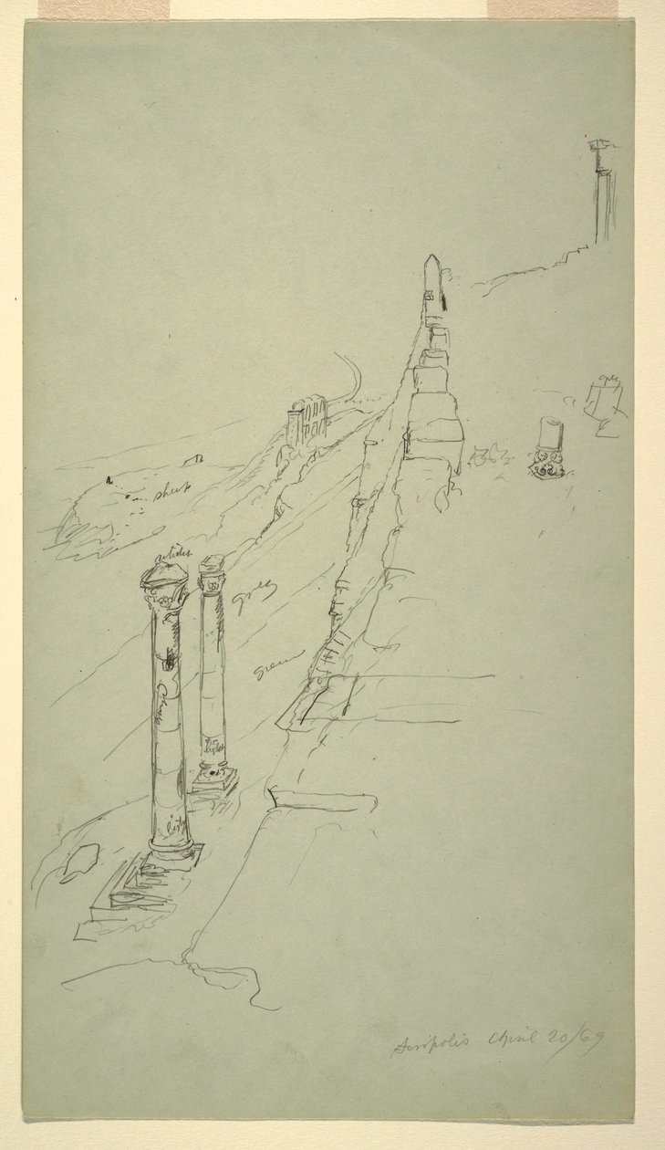 Teckning, södra sidan av Akropolis, Aten från öster, 20 april 1869 av Frederic Edwin Church