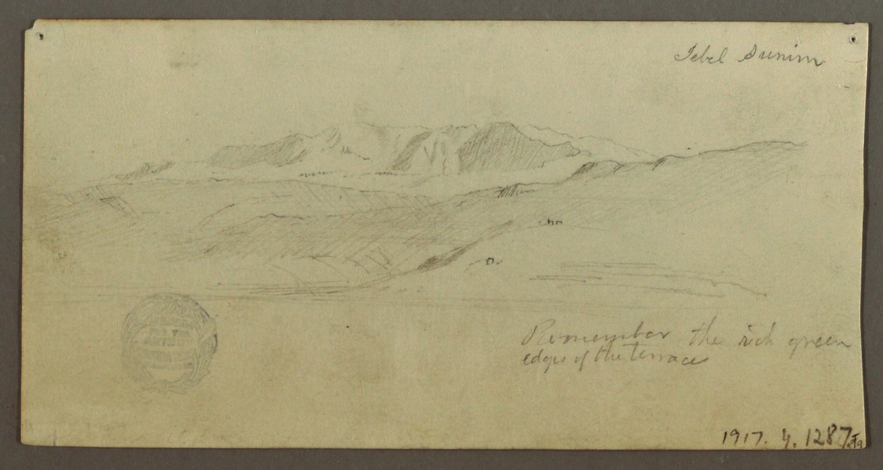 Teckning, Stately Home, Figur ridande på kamel, Arkitekturstudier, Palmträd, möjligen 1868 av Frederic Edwin Church