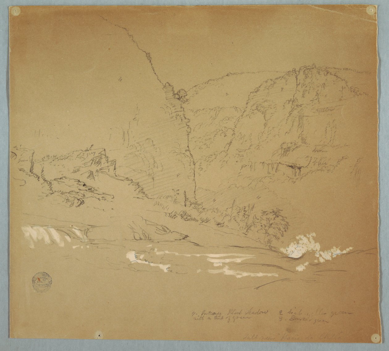 Teckning, Bäck som leder till kanten av vattenfallet nära Hacienda Chillo, Ecuador, 26 juni 1857 av Frederic Edwin Church