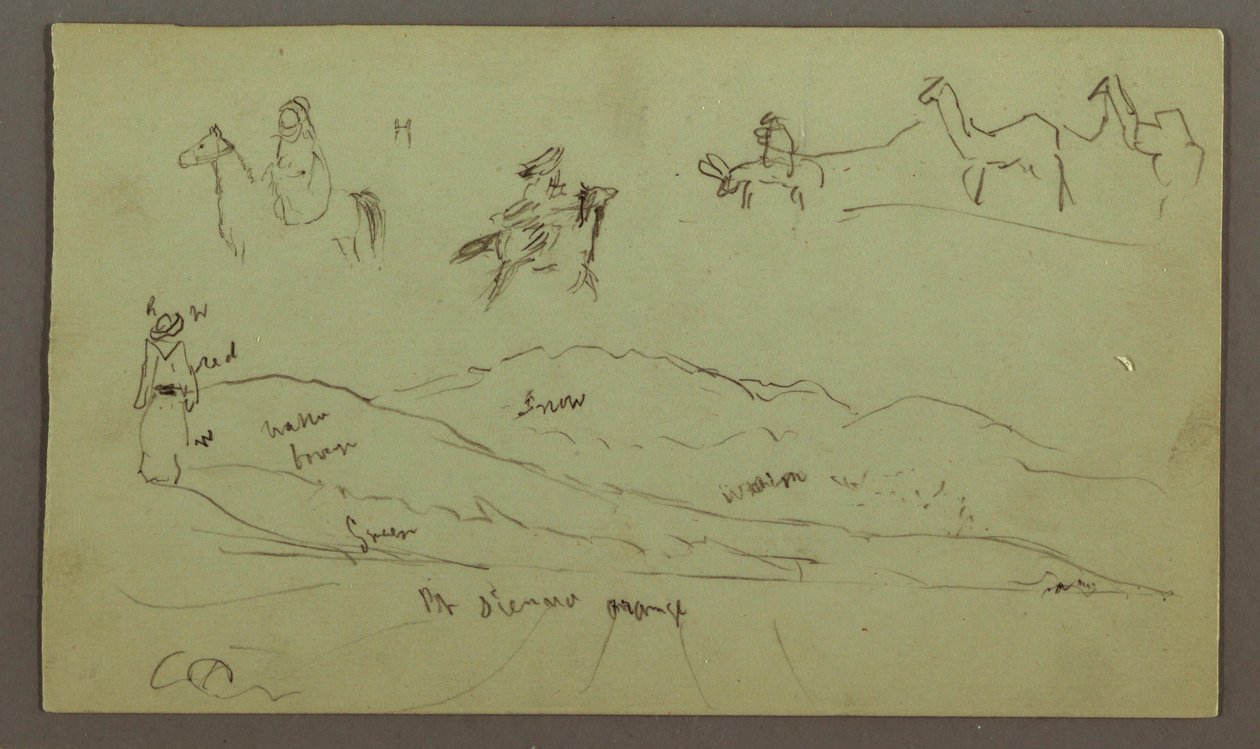 Teckning, Studier av figurer på åsnor och åsnor, figur på bergskedja, möjligen 1868 av Frederic Edwin Church