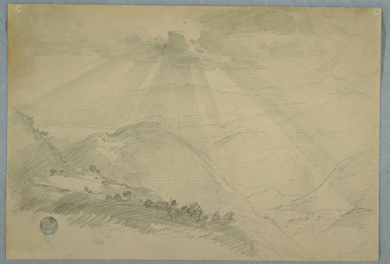 Teckning, Solen bryter igenom molnen över en bergsdal, Jamaica, juli 1865 av Frederic Edwin Church