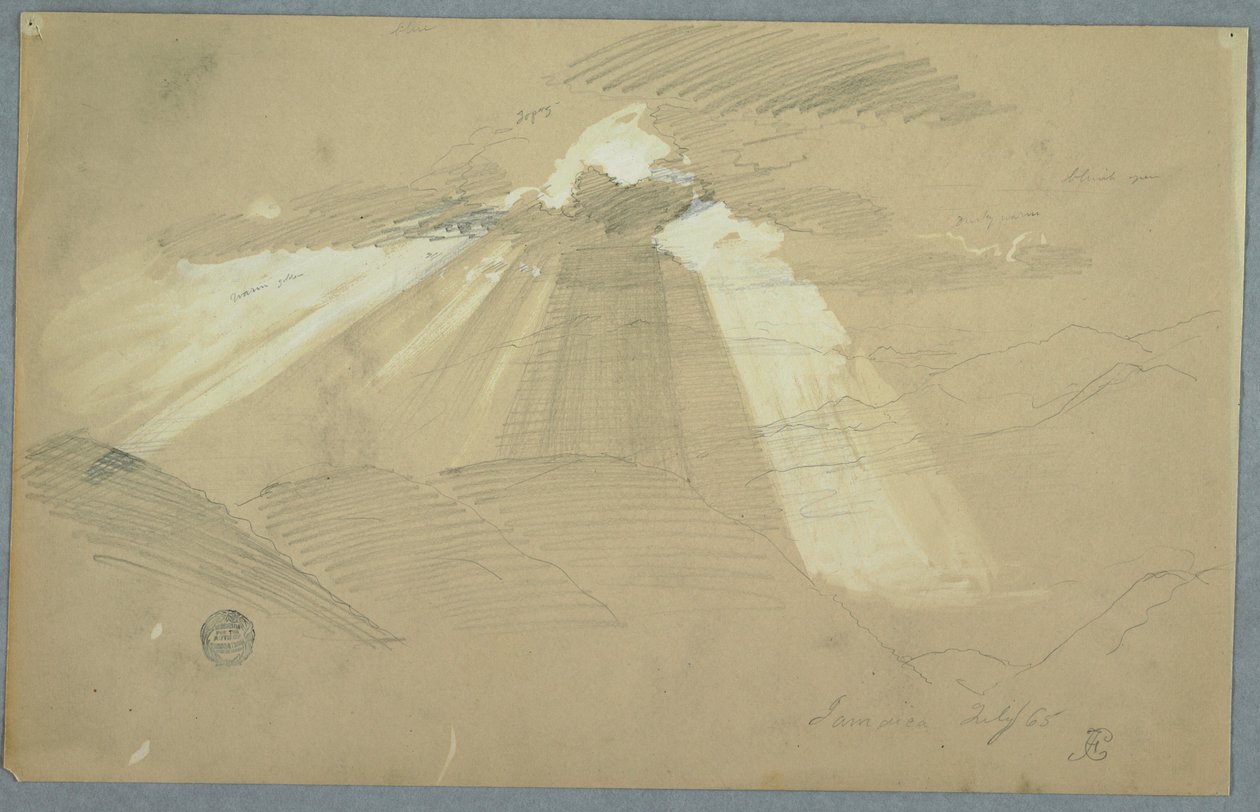 Teckning, solen skiner genom molnen, Jamaica, juli 1865 av Frederic Edwin Church