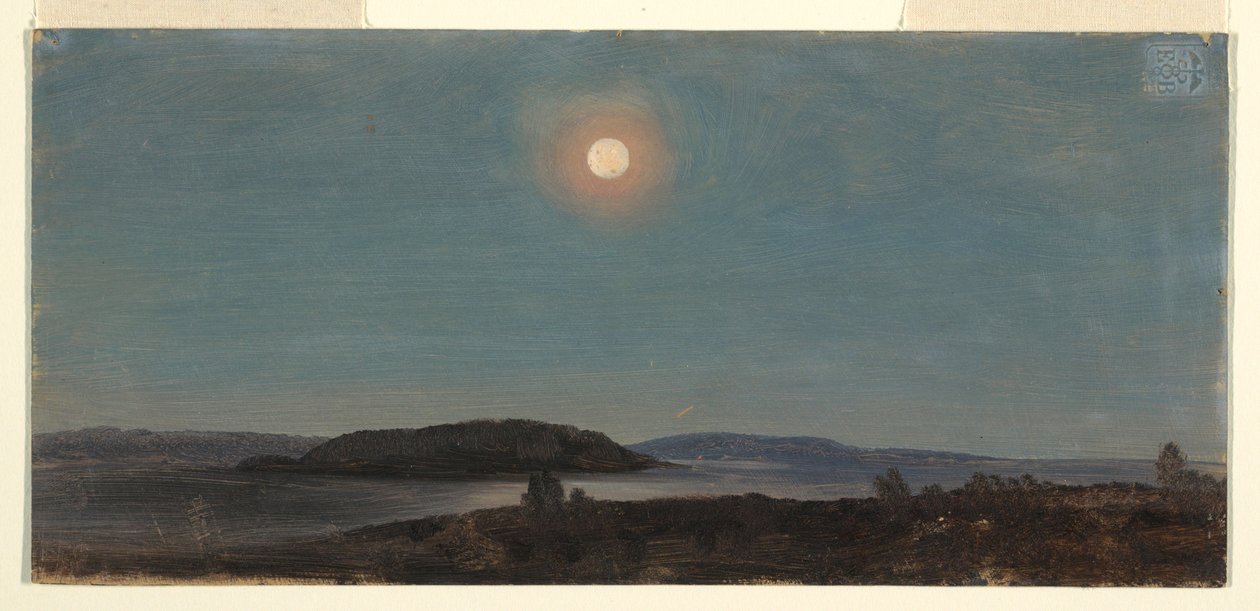 Teckning, Sol eller måne som går upp över Porcupine Islands, Bar Harbor, ca 1860 av Frederic Edwin Church