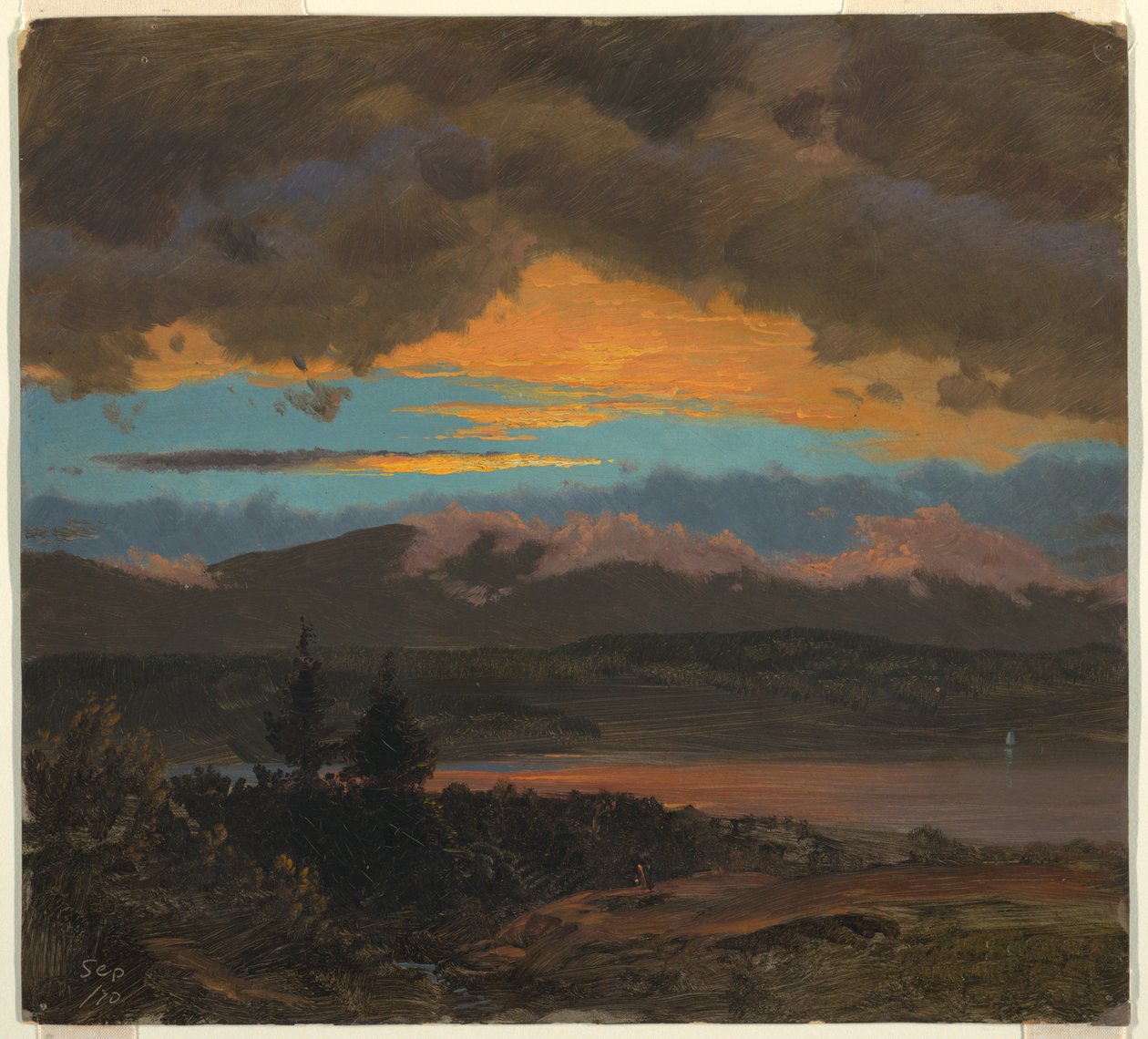Teckning, Solnedgång över Hudson Valley, New York, september 1870 av Frederic Edwin Church