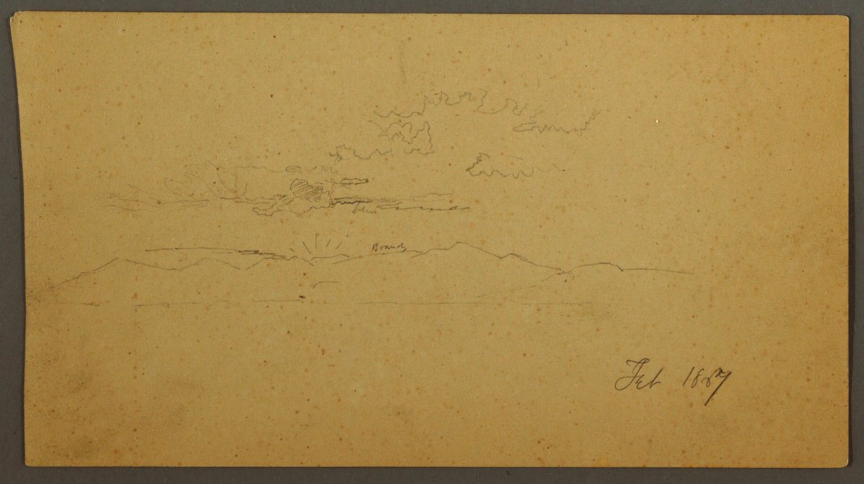 Teckning, Solnedgång bakom kullar, februari 1867 av Frederic Edwin Church