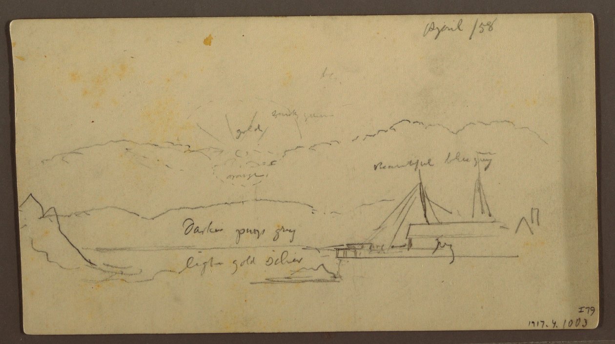 Teckning, Solnedgång över bank med fartyg, 1858 av Frederic Edwin Church