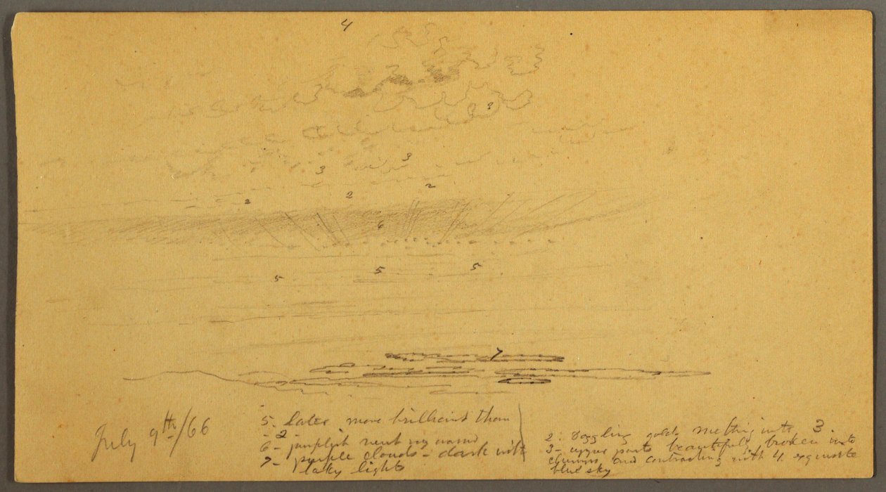 Teckning, Solnedgång över kullar, 9 juli 1866 av Frederic Edwin Church