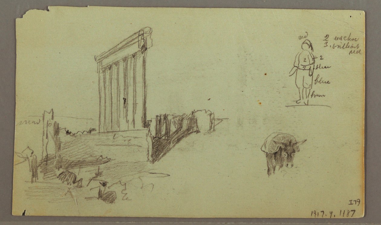 Teckning, Jupitertemplet vid soluppgången, Baalbek, 7 maj 1868 av Frederic Edwin Church