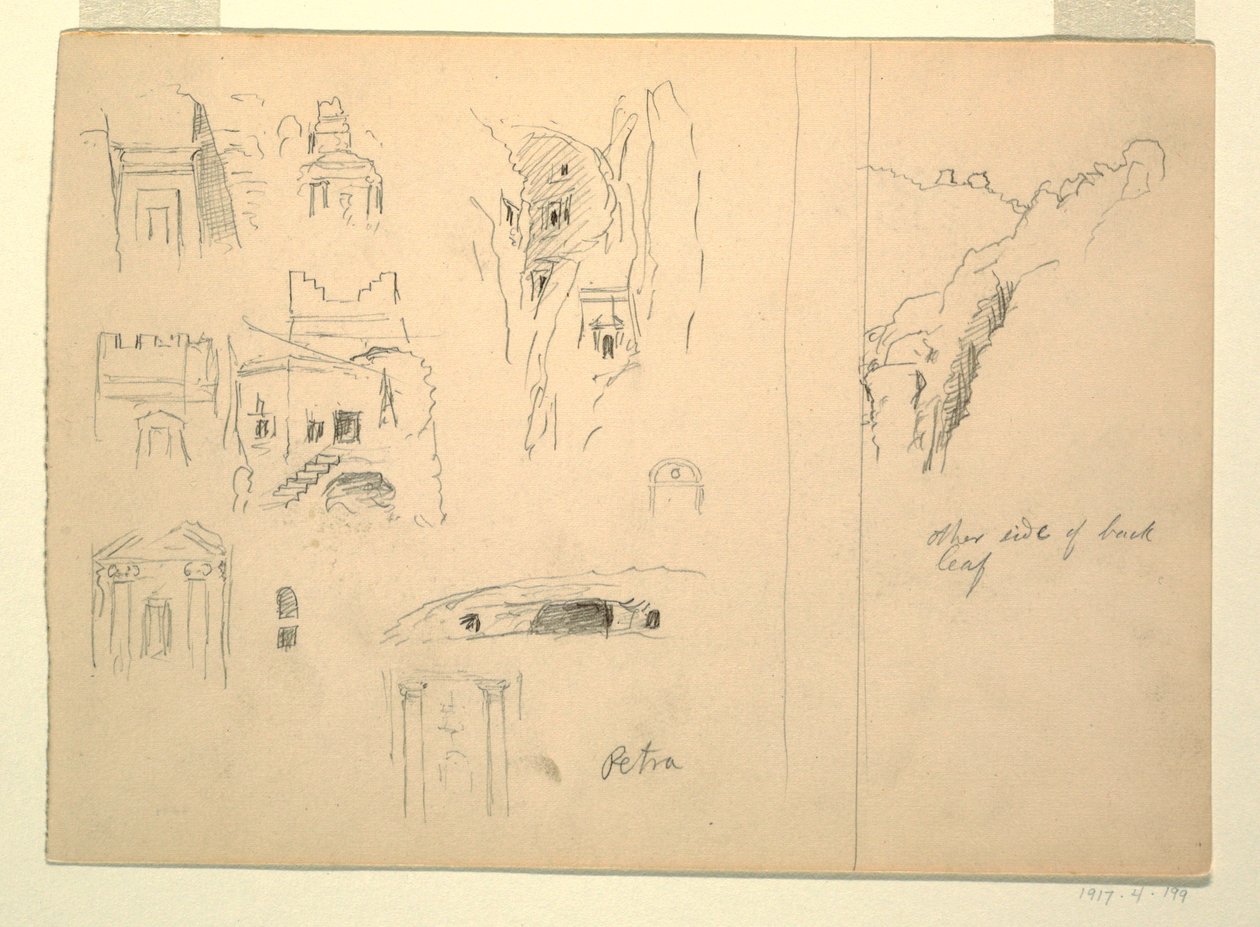 Teckning, Tio studier av gravar och en vy över klippor, Petra, Jordanien, 26 februari 1868 av Frederic Edwin Church