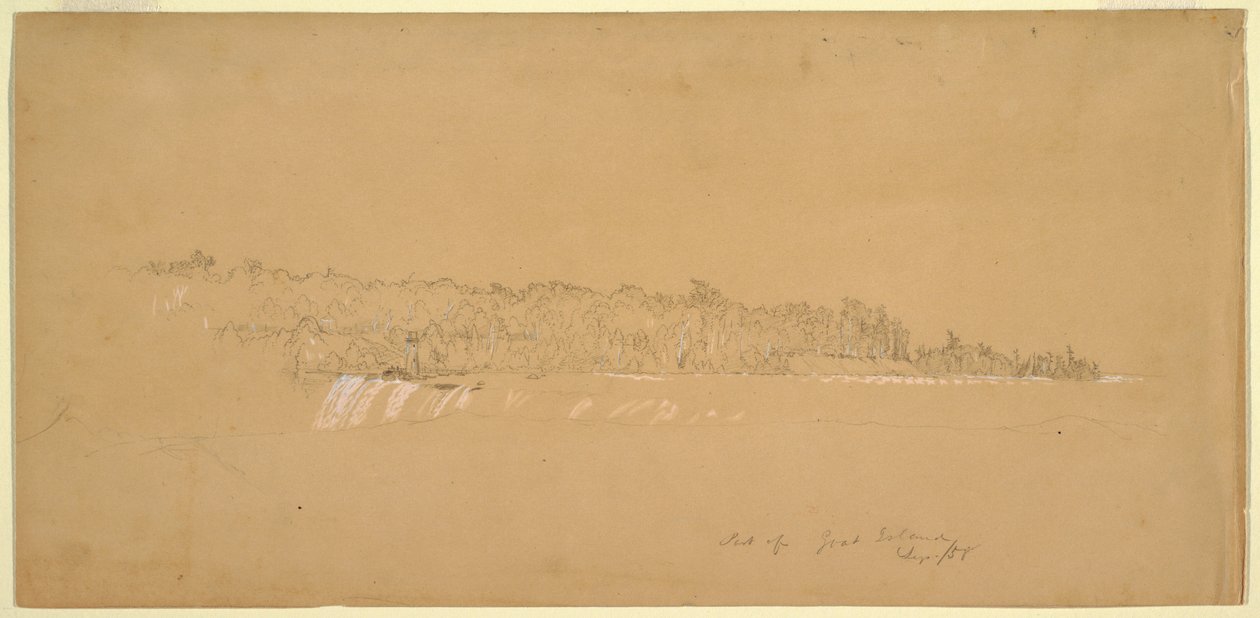 Teckning, Terrapin Rocks amp; den östra delen av Goat Island från Canadian Bank, augusti 1858 av Frederic Edwin Church