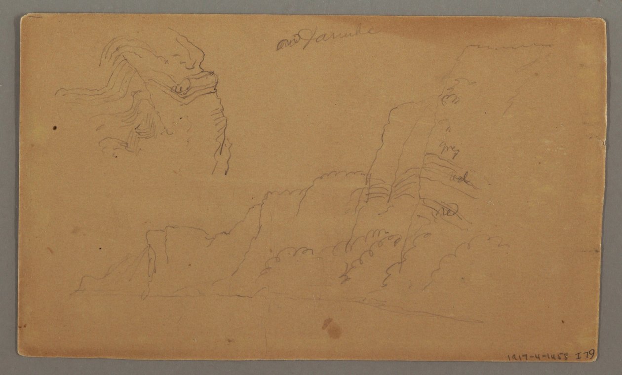 Ritning, timmerhus, två segelbåtar, takstudier, möjligen 1868 av Frederic Edwin Church