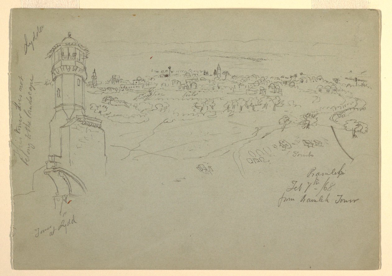 Ritning, Tornet vid Lydda och Ramleh sett från Ramleh Tower, Palestina [Ramleh, Israel], 7 och 10 februari 1868 av Frederic Edwin Church