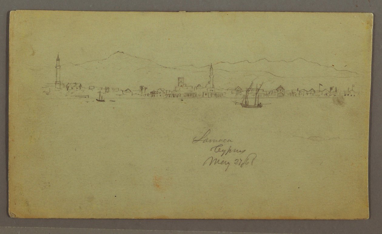 Teckning, Stad vid kusten, bergskedja bakom, 27 maj 1868 av Frederic Edwin Church