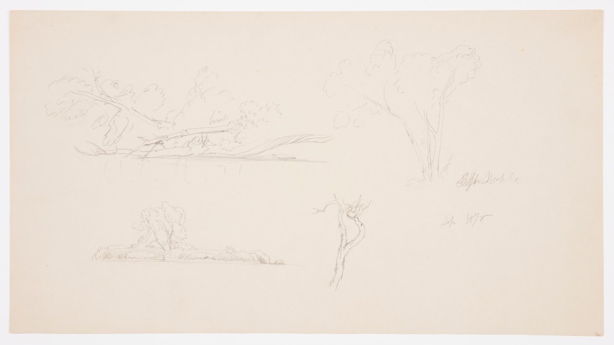 Teckning, Träd, en strand med buskar och träd, september 1876 av Frederic Edwin Church