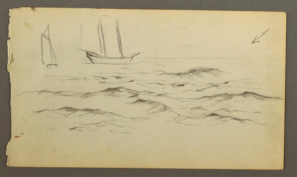Teckning, Två segelbåtar, vågor, möjligen 1860 av Frederic Edwin Church