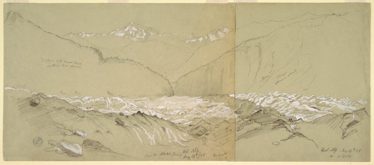 Teckning, Övre Aletschglaciären med Stora Fusshorn, 1868 av Frederic Edwin Church