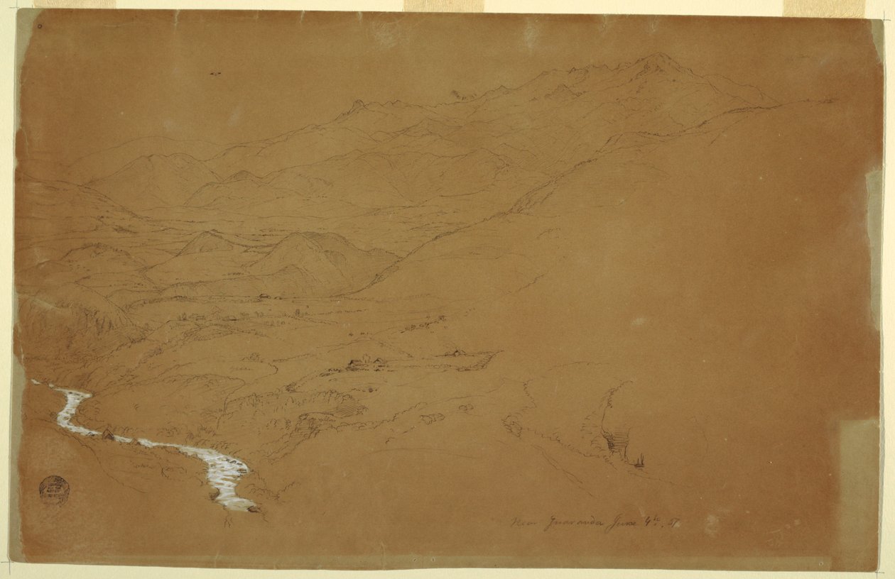 Teckning, Dal med en bäck och hus, nära Guaranda, Ecuador, 4 juni 1857 av Frederic Edwin Church