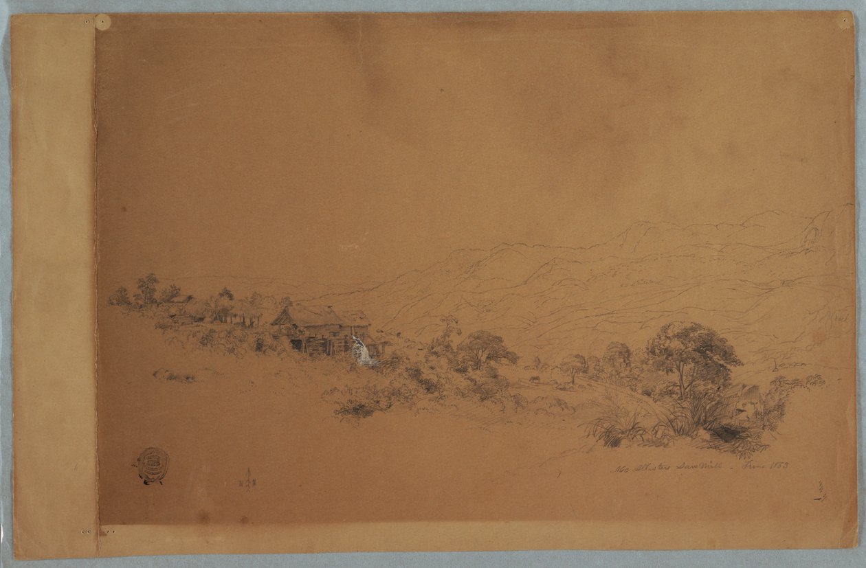 Ritning, Dalen med McAllisters sågverk, Colombia, juni 1853 av Frederic Edwin Church