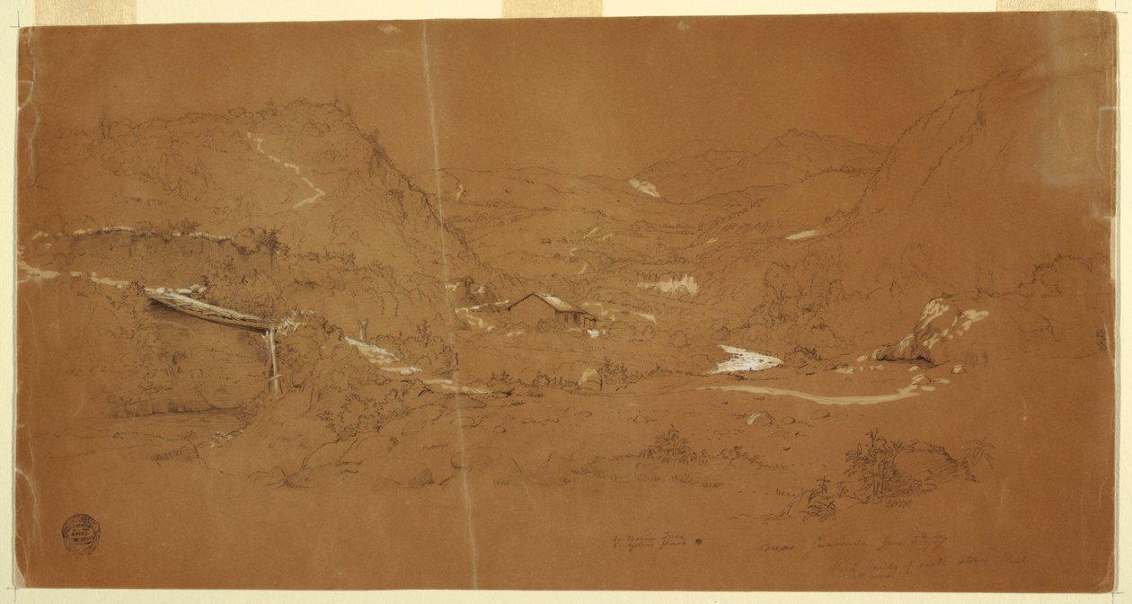 Ritning, Dal med bro och hus, nära Guaranda, Ecuador, 5 juni 1857 av Frederic Edwin Church