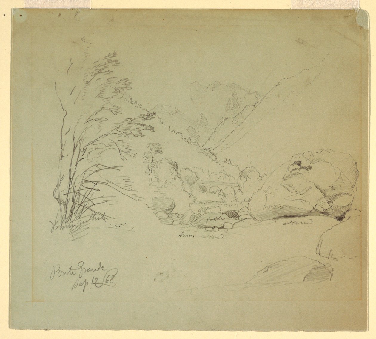 Ritning, Dal med bro nära Macugnaga, 12 september 1868 av Frederic Edwin Church