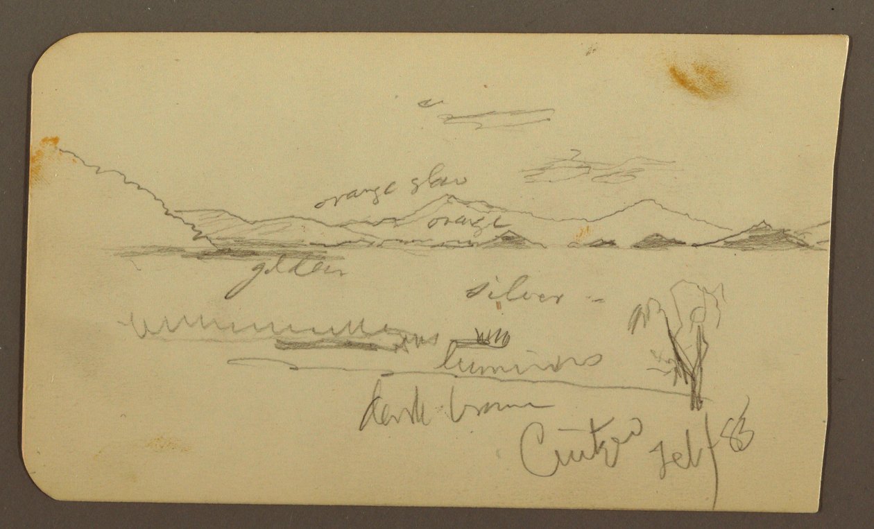 Teckning, Vy nära Lake Shore, Cuitzeo; Verso: vy nära Lake Ahore, Cuitzeo, februari 1885 av Frederic Edwin Church